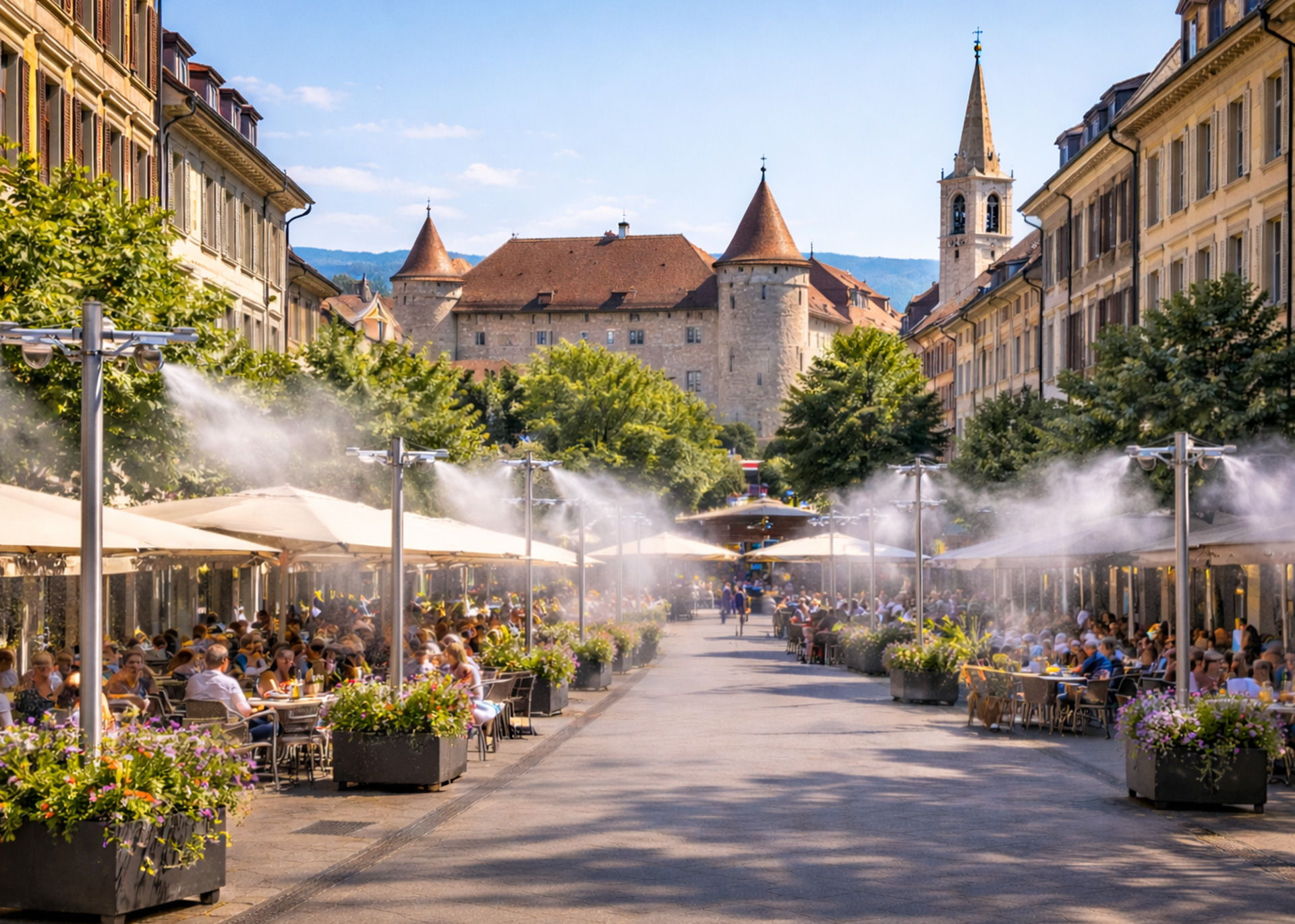 Système de brumisation installé sur une terrasse à Genève avec vue sur le Jet d’Eau