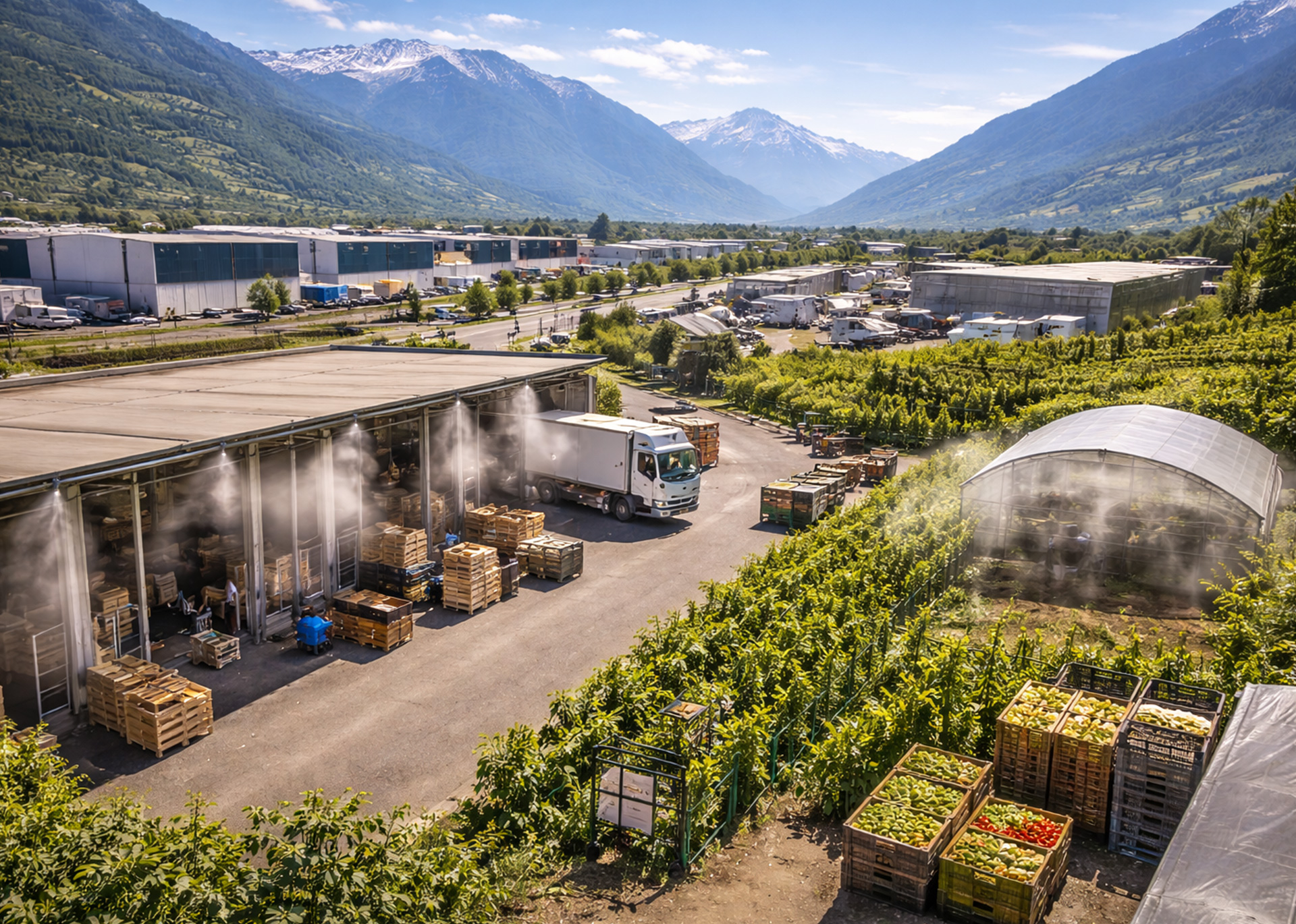 Système de brumisation installé sur une terrasse à Genève avec vue sur le Jet d’Eau