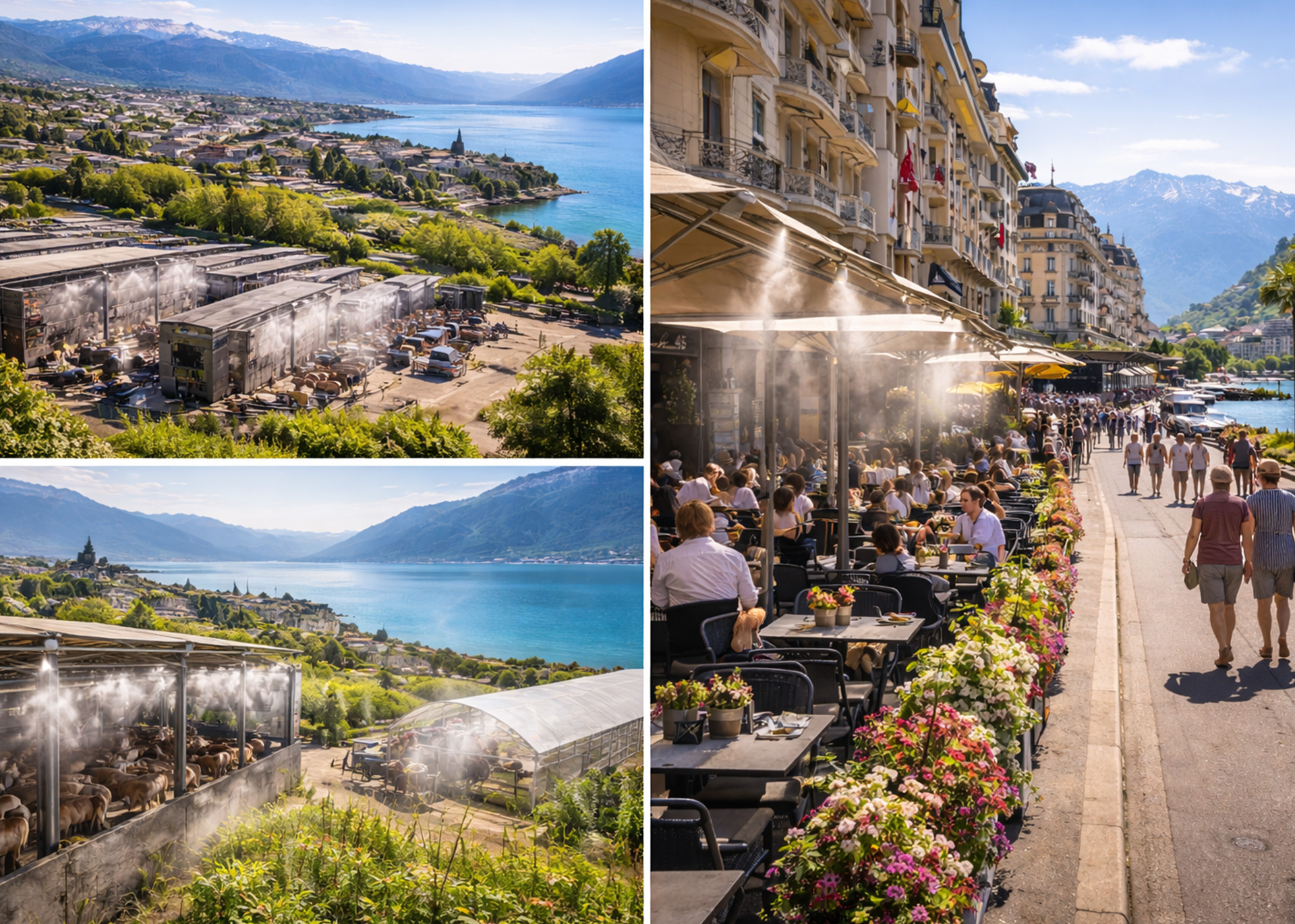 Système de brumisation installé sur une terrasse à Genève avec vue sur le Jet d’Eau