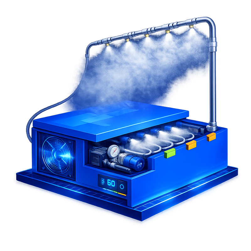 Système de brumisation haute pression avec buses diffusant une fine brume refroidissante