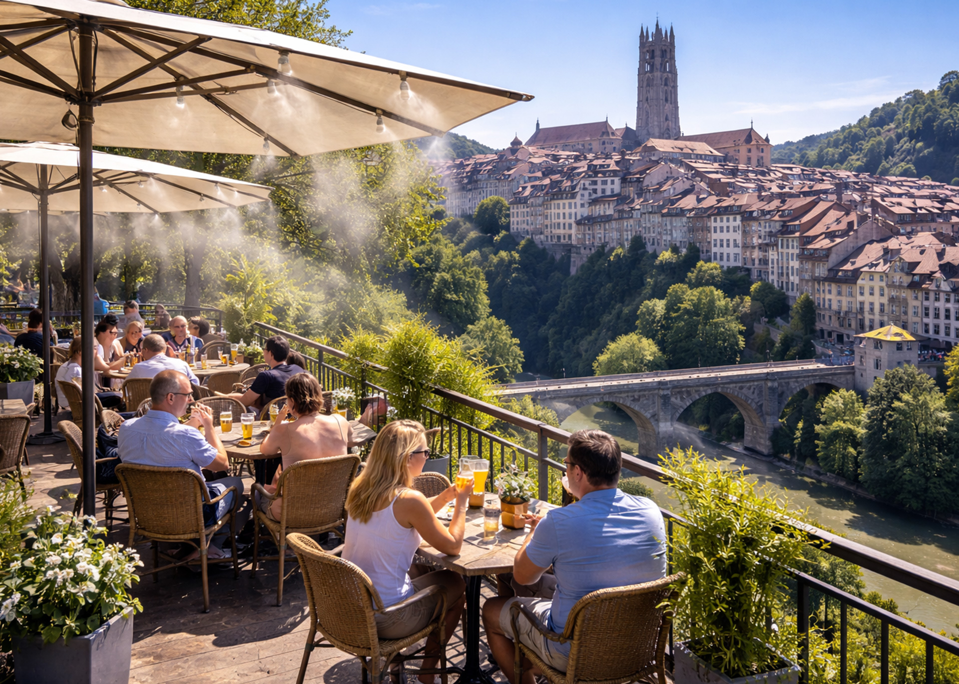 Système de brumisation installé sur une terrasse à Genève avec vue sur le Jet d’Eau