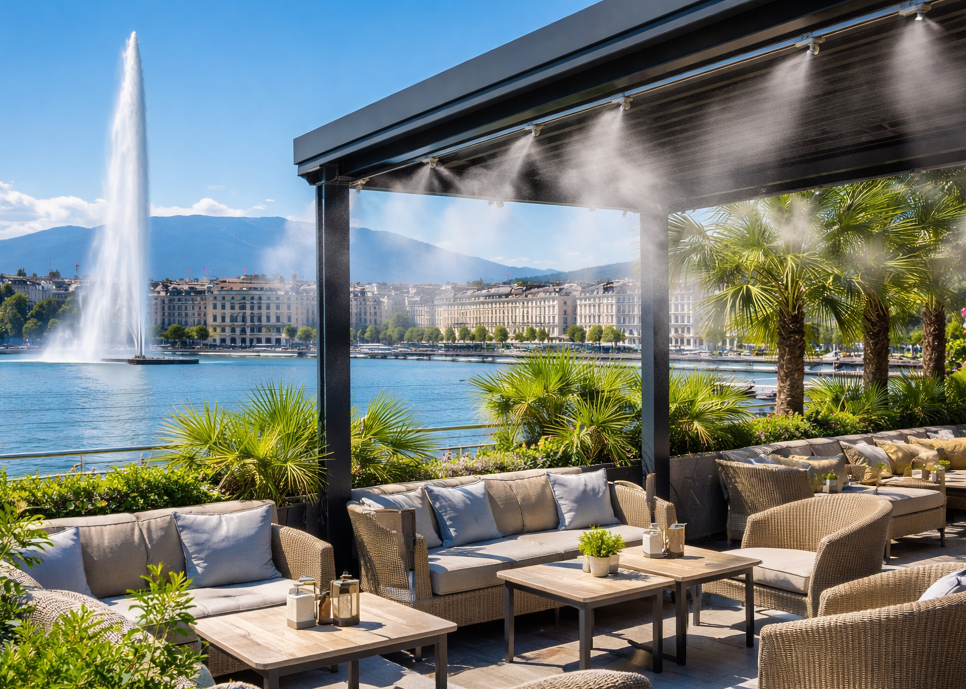Système de brumisation installé sur une terrasse à Genève avec vue sur le Jet d’Eau